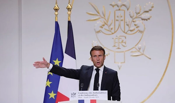 French President Emmanuel Macron addresses French ambassadors during the conference of ambassadors at the Elysee Palace in Paris, on August 28, 2023. (AFP)