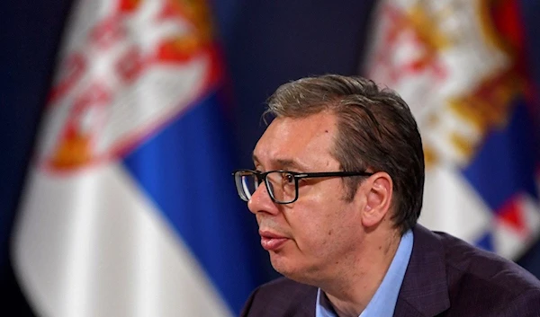 In this photo provided by the Serbian Presidential Press Service, Serbian President Aleksandar Vucic speaks during a press conference in Belgrade, Serbia, Sunday, Sept. 24, 2023. (AP)