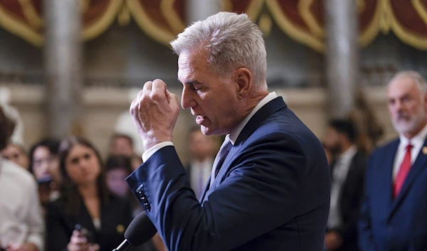 House Speaker Kevin McCarthy, R-Calif., talks to reporters just after voting to advance appropriations bills on the House floor, at the Capitol in Washington, Tuesday night, Sept. 26, 2023. (AP)