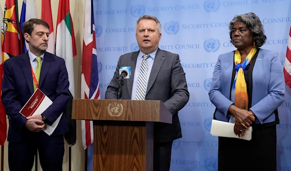 Ukraine, Albania, and the United States' Ambassadors to the United Nations after a meeting of the United Nations Security Council to discuss the war in Ukraine, August 24, 2023, at United Nations headquarters (AP)