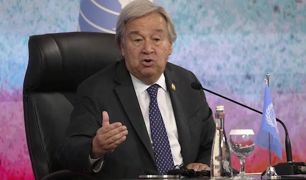 UN Secretary General Antonio Guterres gestures as he speaks to the media during a press conference on the sidelines of the ASEAN summit in Jakarta, Sep. 7, 2023. (AP)