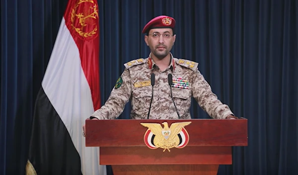 A screenshot from a video of the Yemeni Armed Forces spokesperson Yahya Saree giving a press briefing on January 10, 2024. (Military media)