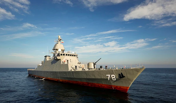 In this picture released by the official website of the Iranian Army on November 27, 2023, Deilaman destroyer moves in the Caspian Sea, in northern Iran (AP)