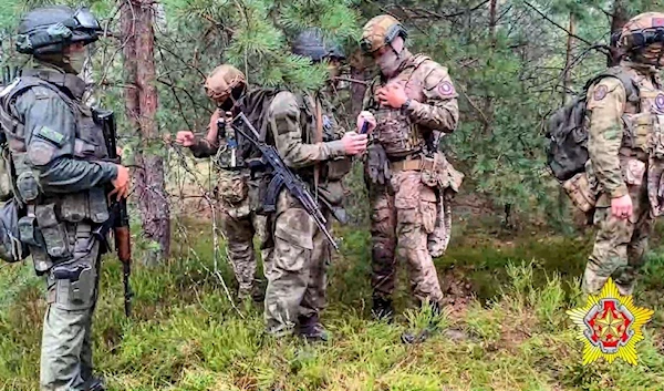 Screengrab from video by Belarus' Defense Ministry on July 20, 2023, Belarusian soldiers of the Special Operations Forces and fighters from Wagner attend maneuvers near Brest, Belarus. (AP)