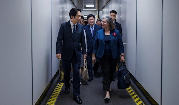 Taiwan's Vice President William Lai, left, chats with Ingrid D. Larson, managing director of the American Institute in Taiwan/Washington Office upon arrival in New York Aug.13, 2023.(AP)