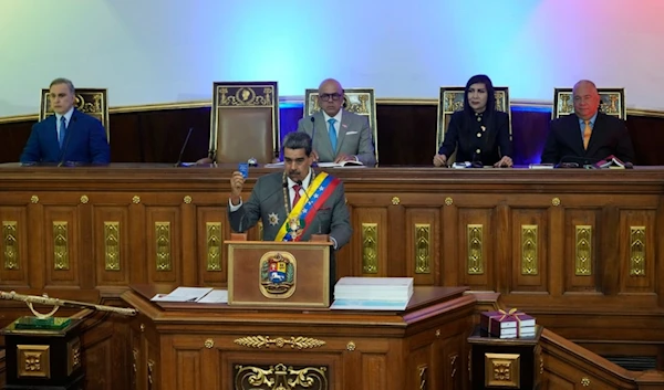 Venezuelan President Nicolas Maduro delivers his annual address at the National Assembly in Caracas, Venezuela, Monday, Jan. 15, 2024. (AP)