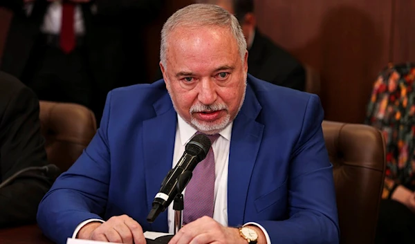 Israeli Finance Minister Avigdor Lieberman speaks at the weekly cabinet meeting, at the Prime Minister's office in Jerusalem, Sunday, Feb. 13, 2022. (AP)