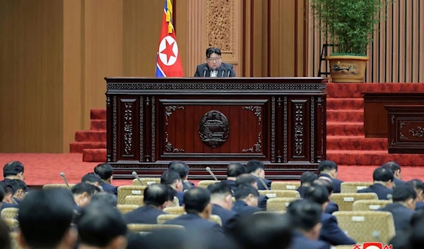 In this photo provided by the Democratic People's Republic of Korea government, DPRK leader Kim Jong Un speaks at the Supreme People’s Assembly in Pyongyang, DPRK, Monday, Jan. 15, 2024. (AP)