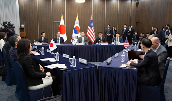 Chief South Korean nuclear negotiator, Kim Gunn, speaks during a three-way talk with Japanese nuclear envoy Takehiro Funakoshi and the U.S. special representative to DPRK Sung Kim at the Foreign Ministry in Seoul, South Korea, April 7, 2023. (AP)