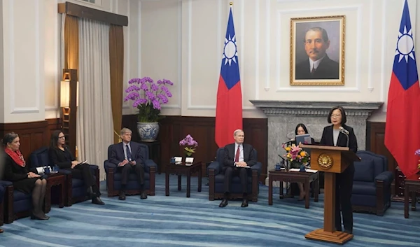 Director of the American Institute in Taiwan Sandra Oudkirk, Chair of the AIT Laura Rosenberger, US delegation listen as Tsai Ing-wen speaks at the Presidential Office in Taipei, Taiwan on Monday, Jan. 15, 2024 (AP)