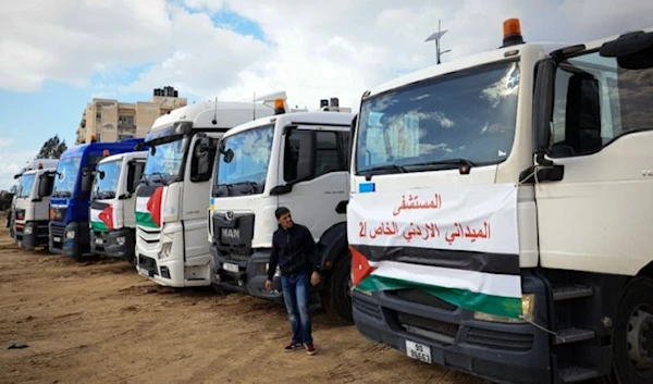 Aid convoy transporting a Jordanian field hospital upon arrival in Khan Yunis in the southern Gaza Strip. (AFP)