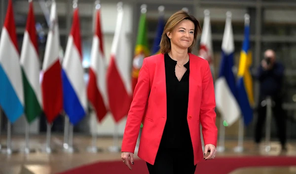 Slovenia's Foreign Minister Tanja Fajon arrives for a meeting of EU foreign ministers at the European Council building in Brussels, Monday, Dec. 11, 2023(AP)