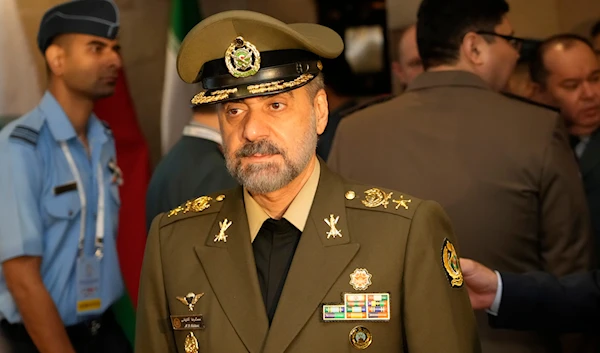 Iranian Defense Minister General Mohammad Reza Gharaei Ashtiani arrives for the Shanghai Cooperation Organization (SCO) meeting of defense ministers, in New Delhi, India, April 28, 2023 (AP)