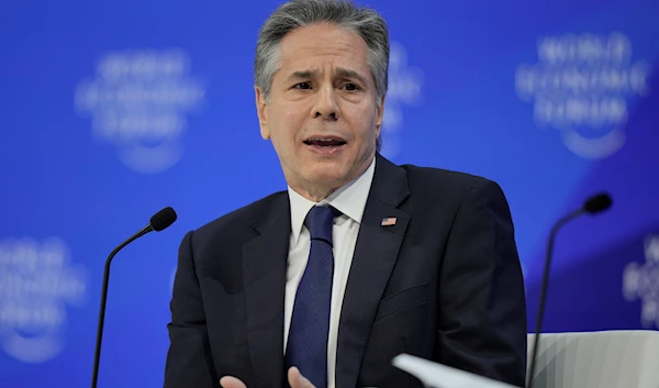 U.S. Secretary of State Antony Blinken gestures during his speech at the Annual Meeting of World Economic Forum in Davos, Switzerland, Wednesday, Jan. 17, 2024(AP)