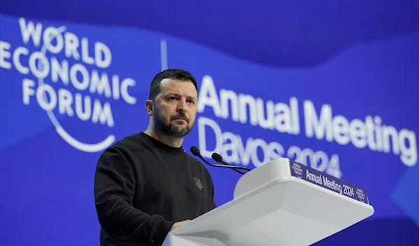 Ukrainian President Volodymyr Zelensky speaks at the Annual Meeting of World Economic Forum in Davos, Switzerland, Tuesday, Jan. 16, 2024 (AP)