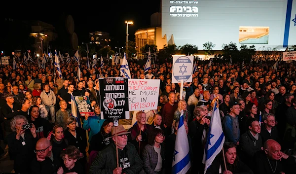 Settlers protest against Israeli Prime Minister Benjamin Netanyahu's government in "Tel Aviv", Occupied Palestine, Saturday, Dec. 30, 2023. (AP)