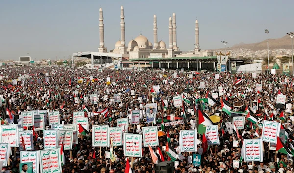 Millions of Yemeni people take part in a protest against the US-UK aggression against Yemen and in support of occupied Palestine, on Friday, Jan 12, 2024, in Sanaa, Yemen. (AP)