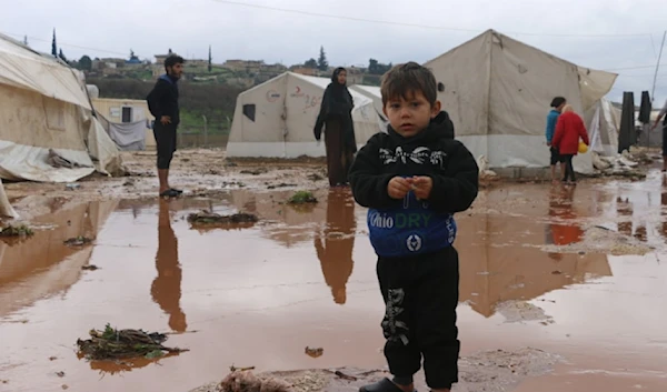 A Palestinian child forcibly displaced by Israeli bombardment of Gaza in a tent camp. (Al Mayadeen)