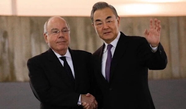 Brazilian Foreign Minister Mauro Vieira and Chinese Foreign Minister Wang Yi at Itamaraty Palace in Brasilia, Brazil, January 18, 2024. (AFP)