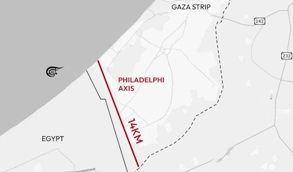 An illustration showing the "Philadelphi Route" which extends from the southeastern Karam Abu Salem crossing to the Mediterranean Sea at the Gaza Strip's shore. (Al Mayadeen English; Illustrated by Zeinab ElHajj)