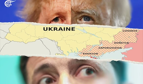 Despite Biden’s repeated pledges to support Ukraine “as long as it takes”, ultimately “Washington’s hand is on the tap of military and financial aid that is the lifeblood of Ukraine’s war effort.” (Al Mayadeen English; Illustrated by Arwa Makki)