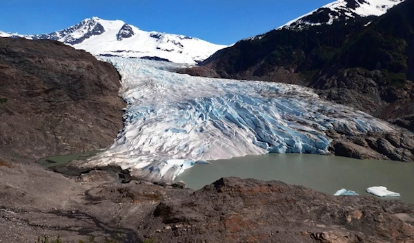 Chunks of ice float on Mendenhall Lake in front of the Mendenhall Glacier on Monday, May 30, 2022, in Juneau, Alaska. (AP)