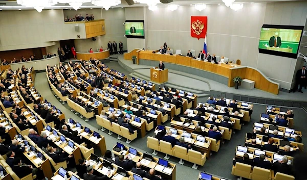 Russian President Vladimir Putin speaks during a session prior to voting for constitutional amendments at the State Duma, the Lower House of the Russian Parliament in Moscow, Russia, Tuesday, March 10, 2020 (AP)