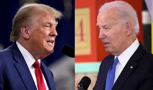 This combination photo shows former President Donald Trump, left, during a rally Nov. 18, 2023, in Fort Dodge, Iowa and President Joe Biden during a Hanukkah reception in the White House in Washington, Dec. 11, 2023.(AP)