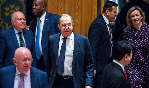 Russian Foreign Minister Sergei Lavrov, center, arrives to attend a security council meeting at United Nations Headquarters, Monday, Jan. 22, 2024.(AP)