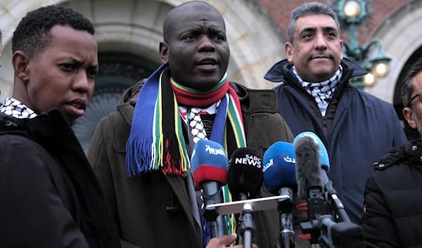 Minister of Justice and Correctional Services of South Africa Ronald Lamola addresses media during a press conference after a hearing at the International Court of Justice in The Hague, Netherlands, Friday, Jan. 12, 2024(AP)