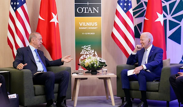 President Joe Biden and Turkey's President Recep Tayyip Erdogan meet on the sidelines of the NATO summit in Vilnius, Lithuania, Tuesday, July 11, 2023.(AP)