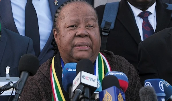 South Africa's Foreign Minister Naledi Pandor addresses reporters after a session of the International Court of Justice in The Hague, Netherlands, Friday, Jan. 26, 2024 (AP)