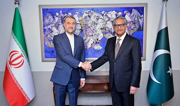 Pakistan's Ministry of Foreign Affairs visiting Iran's Foreign Minister Hossein Amirabdollahian,  shakes hands with Jalil Abbas Jilani upon his arrival for a meeting at the Ministry of Foreign Affairs in Islamabad, Pakistan, Jan. 29, 2024(AP)