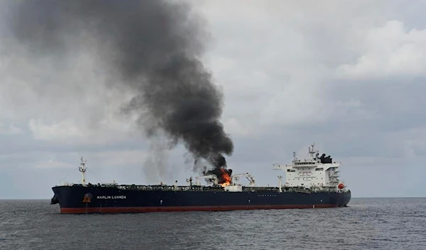 Oil tanker Marlin Luanda on fire after an attack, in the Gulf of Aden,  Jan. 27, 2024 (AP)