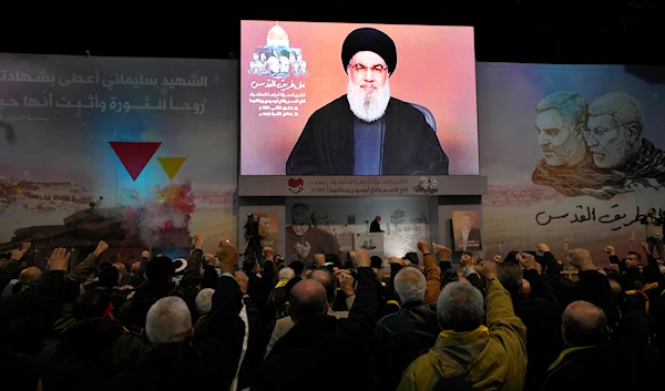 Hezbollah leader Sayyed Hassan Nasrallah speaking during a ceremony to mark the fourth anniversary of the assassination of martyrs Qassem Soleimani and Abu Mahdi al-Muhandis, in the southern suburbs of Beirut, Lebanon, January 3, 2024 (AP)