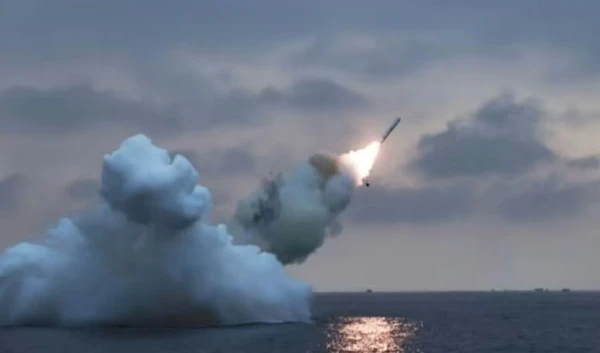 The launch of a strategic cruise missile from a submarine on January 30, 2024. (KCNA via AFP)