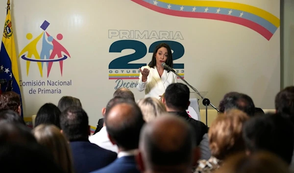 Maria Corina Machado gives a press conference after a ceremony with the Opposition Primary Commission to recognize her electoral win in the opposition-organized primary election in Caracas, Venezuela, Thursday, Oct. 26, 2023. (AP)