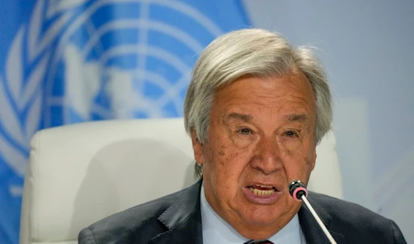 United Nations General Secretary António Guterres addresses a news conference during the BRICS summit in Johannesburg, South Africa, Thursday, Aug. 24, 2023 (AP)