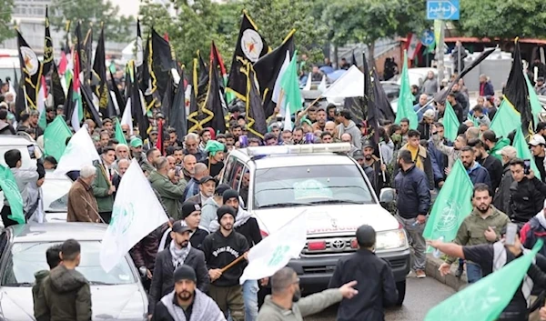 Footage taken from the funeral procession of Martyr Sheikh Saleh al-Arouri, January 4, 2024. (Al Mayadeen)