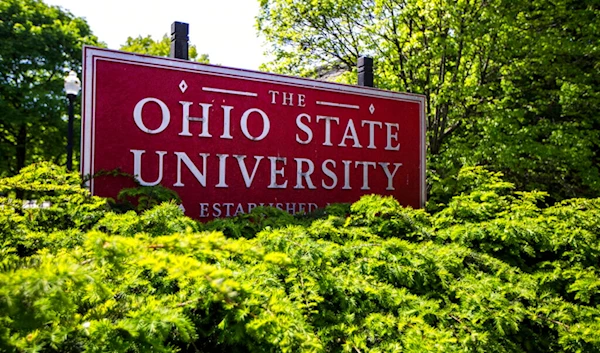 A sign for Ohio State University stands in Columbus, Ohio, on May 8, 2019. (AP)