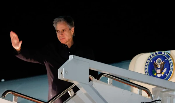 U.S. Secretary of State Anthony Blinken waves as he boards an aircraft during his departure from Washington to travel to the Middle East on Thursday, Jan. 4, 2024, at Joint Base Andrews, Md. (AP)