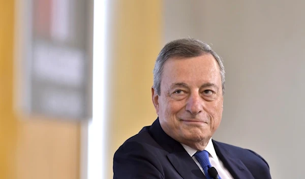 Former Prime Minister of Italy Mario Draghi, during a ceremony at which he was awarded the 2023 Miriam Pozen Prize, Wednesday, June 7, 2023, at the MIT Sloan School of Management in Cambridge, Mass.