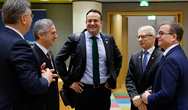 Croatian PM Andrej Plenkovic, Slovenian PM Robert Golob, Irish PM Leo Varadkar, Bulgarian PM Nikolai Denkov, and Finnish PM Petteri Orpo talk at an EU summit in Brussels, Thursday, Feb. 1, 2024. (AP)