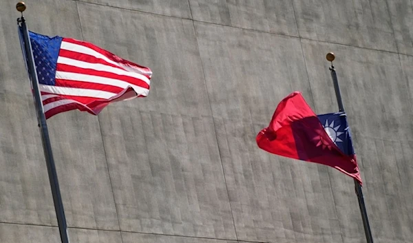 The US and Taiwan flags are displayed outside a hotel as Taiwan’s president was staying was in Los Angeles on April 4, 2023. (AP)