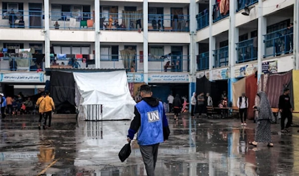 A Palestinian UNRWA Staff member aiding forcibly displaced Palestinians at a school run by UNRWA in Rafah in the southern Gaza Strip on November 14, 2023 amid Israeli genocidal war on Gaza (AFP)