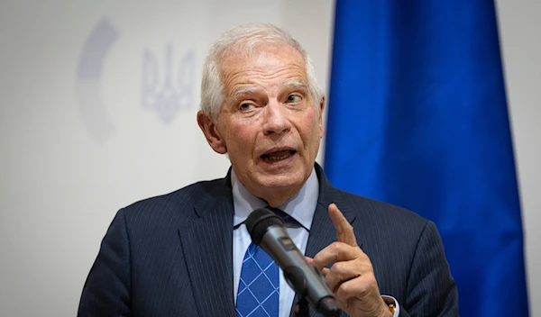 foreign policy chief Josep Borrell attends a joint news conference with Ukrainian Foreign Minister Dmytro Kuleba following their talks in Ukraine, Wednesday, Feb. 7, 2024. (AP)