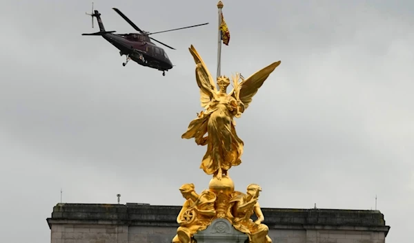 A helicopter departs from Buckingham Palace believed to be carrying King Charles III and Queen Camilla in London, Tuesday, Feb. 6, 2024.  (AP)