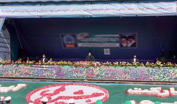 Iranian President Ebrahim Raisi speaks at a massive rally in the capital, Tehran, on the 45th anniversary of the Islamic Revolution on February 11, 2024. (IRNA)