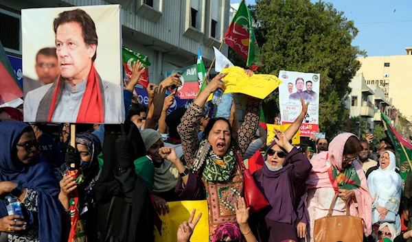 Supporters of imprisoned Pakistan's Former Prime Minister Imran Khan's and Jamaat-e-Islami party during a protest, in Karachi, Pakistan, Feb. 10, 2024. (AP)