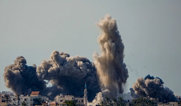 Smoke and explosion following an Israeli bombardment inside the Gaza Strip, as seen from the other side of the 'border', Sunday, Feb. 11, 2024. (AP)